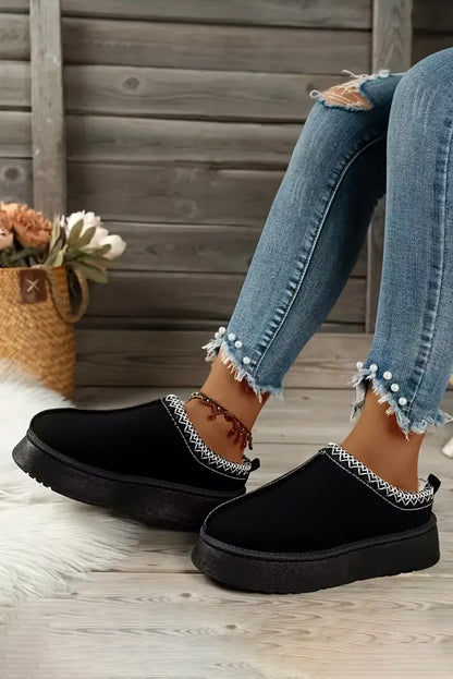 Contrast Print Suede Plush Lined Platform Slippers